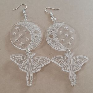 Clear Acrylic Luna Moth and Moon Phase Earrings Celestial Dangle Jewelry